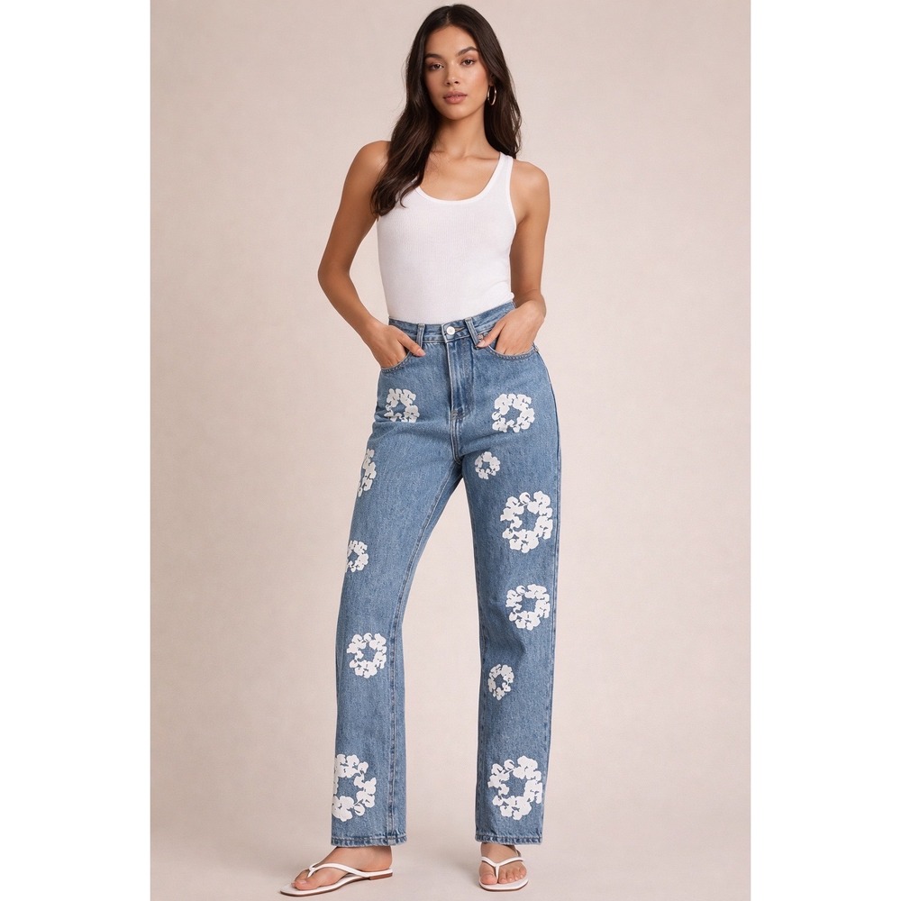 Black Icon‎ Floral Print Jeans Size 32 NWT Straight Leg Denim